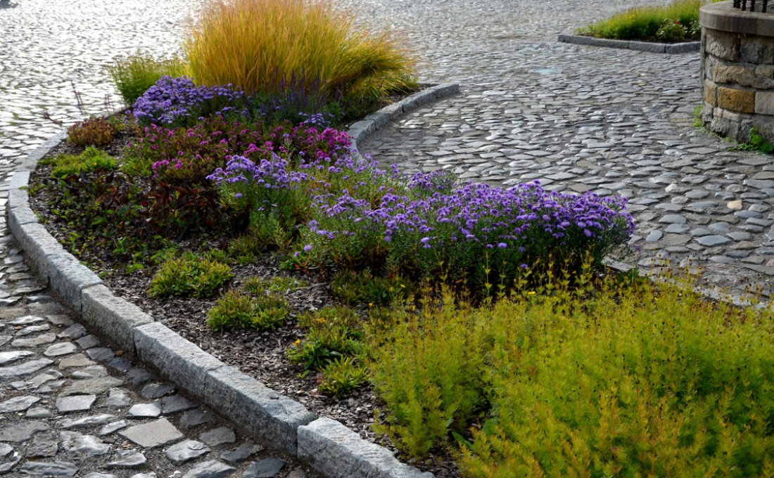 Taille automnale massif fleuri et parterre