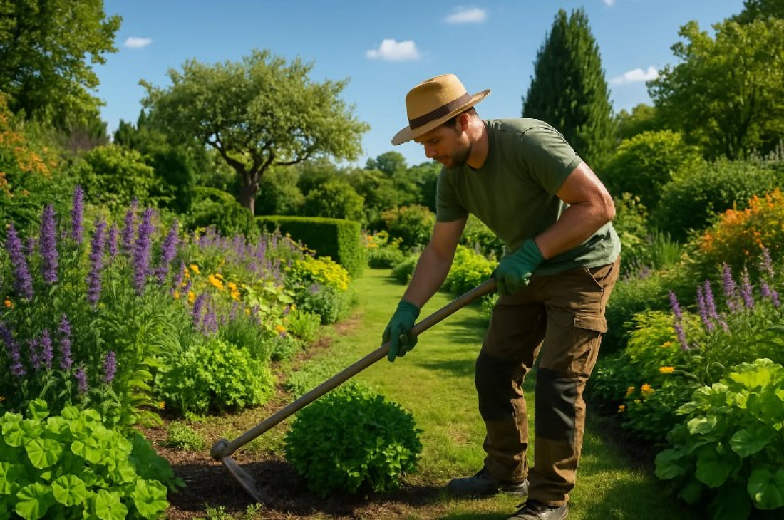Un jardinier paysagiste travaillant dans un jardin verdoyant en France.
