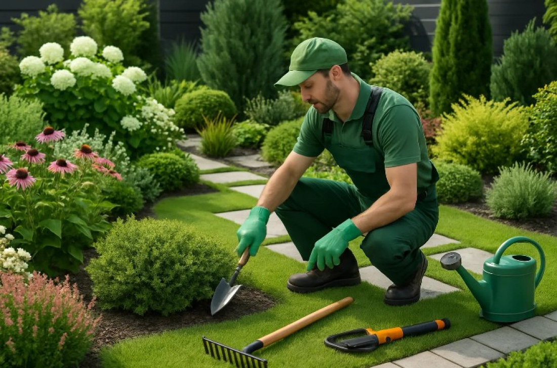 Un jardinier travaillant dans un jardin moderne et verdoyant.