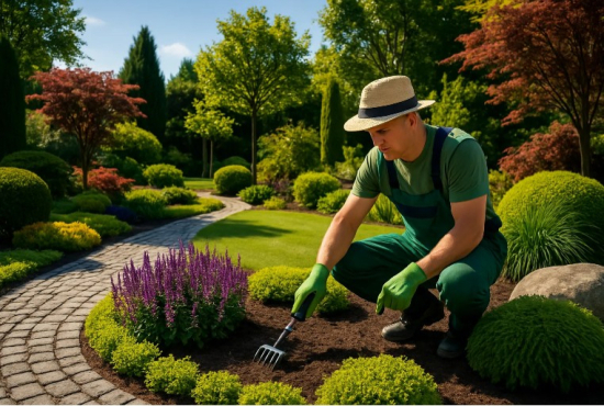 Un jardinier travaillant dans un jardin bien aménagé.